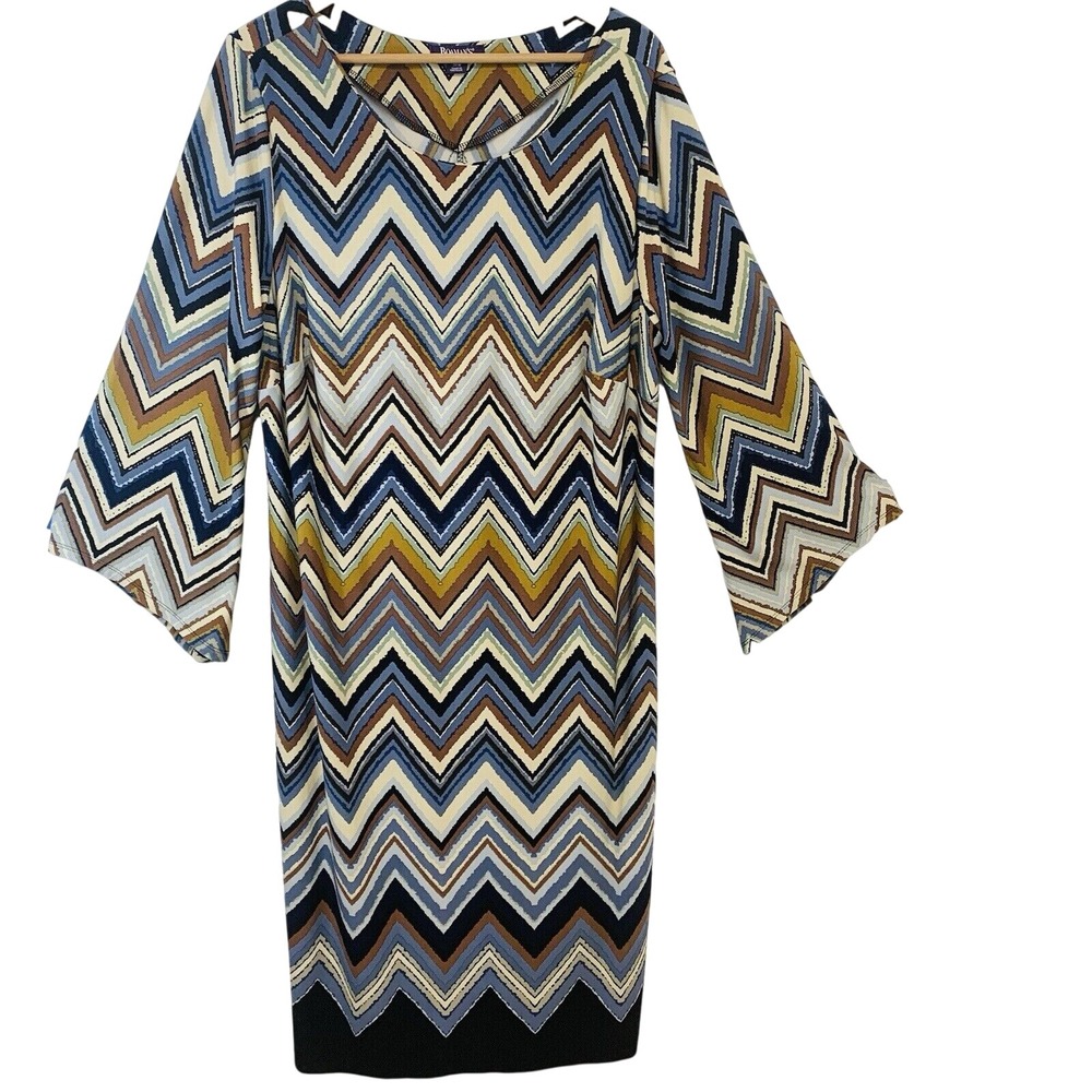 Roamans Chevron Print Bell Sleeve Sheath Dress Midi 20W Business Casual Stretch